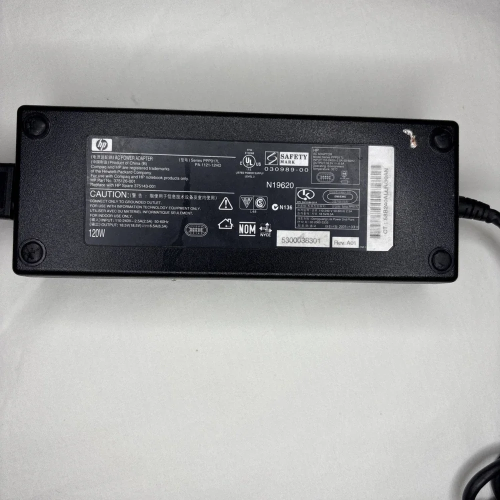 HP AC Power Adapter Laptop Charger 120W Black Excellent 18.5V 6.5A PPP017L